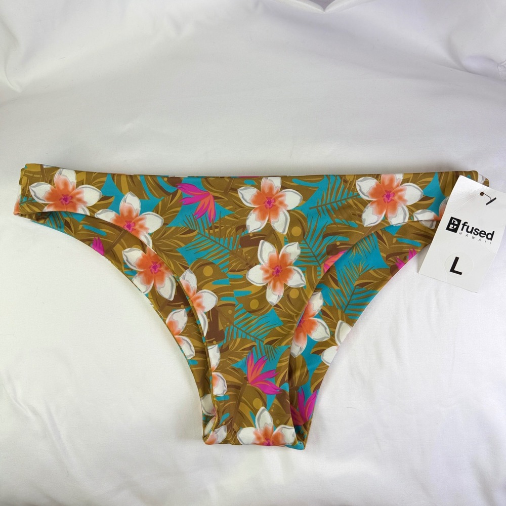 Fused Hawaii Bikini Bottoms Womens Large Brown Blue Floral Tropical Swimwear